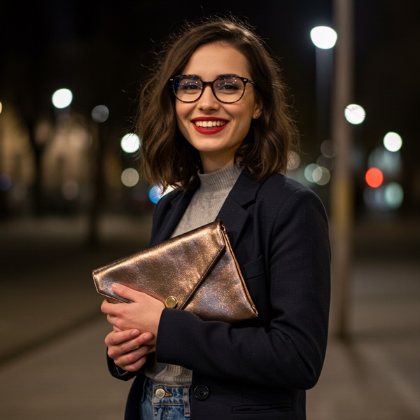 Clutch elegante con detalles metálicos para eventos de noche