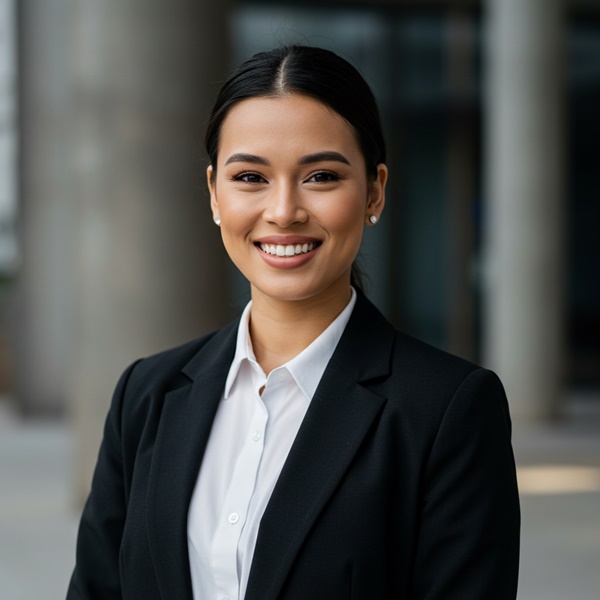 Mujer con sonrisa natural y fondo neutro para LinkedIn