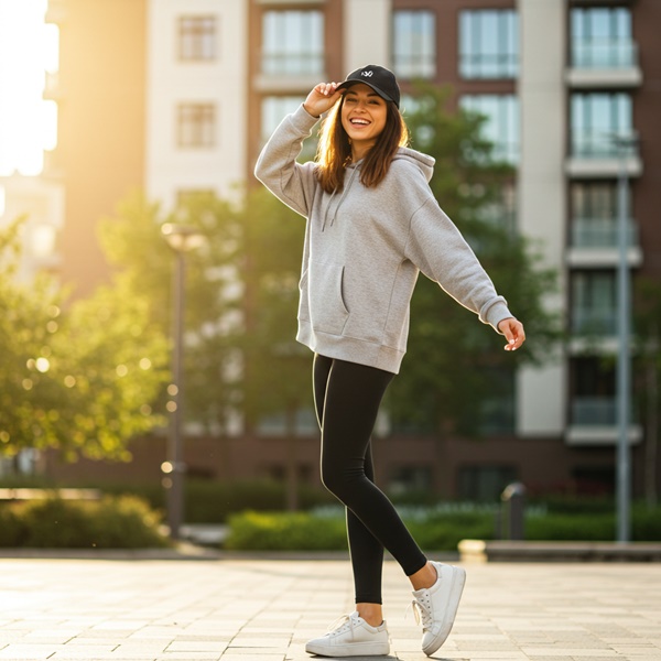 Outfit deportivo con leggins, sudadera con capucha y tenis blancos