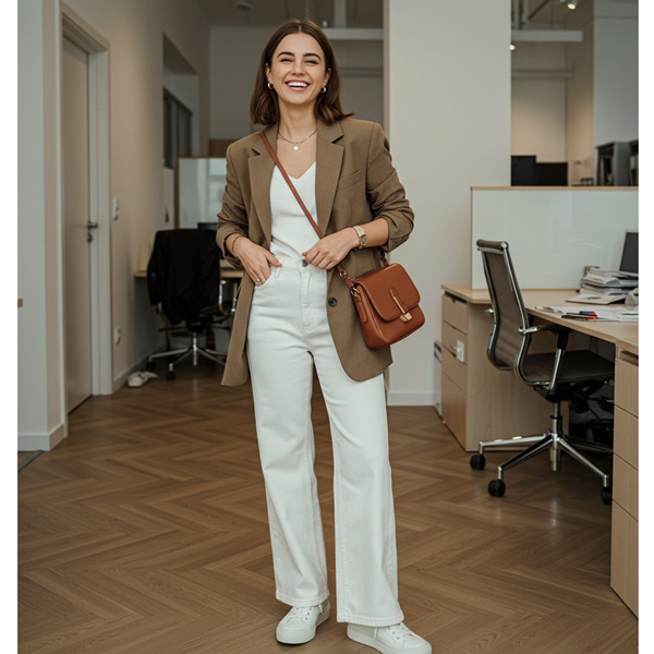 Mujer con look profesional con traje y tenis blancos