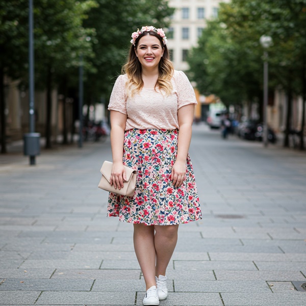 Mujer feliz con un outfit romántico con tenis blancos y falda con estampado de flores