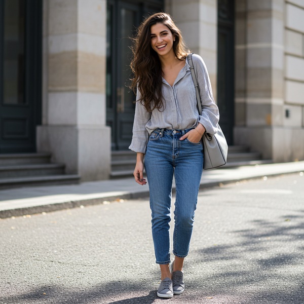 Look con camiseta gris y jeans para un estilo casual