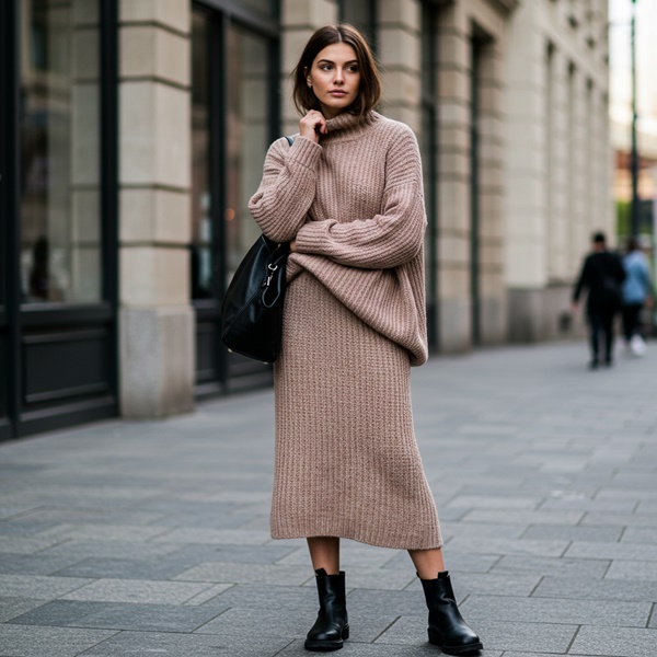look bohemio de falda midi con suéter oversize