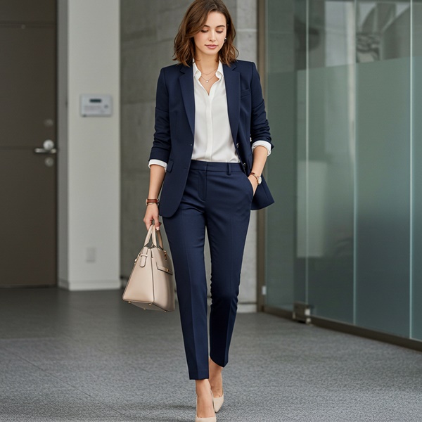 Mujer con blazer azul marino y pantalón a juego en oficina moderna