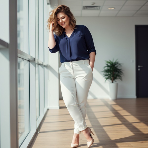 Look de oficina con blusa azul marino y pantalón blanco