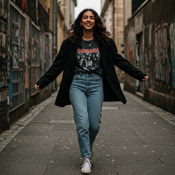 Outfit noventero con camiseta blanca y mom jeans