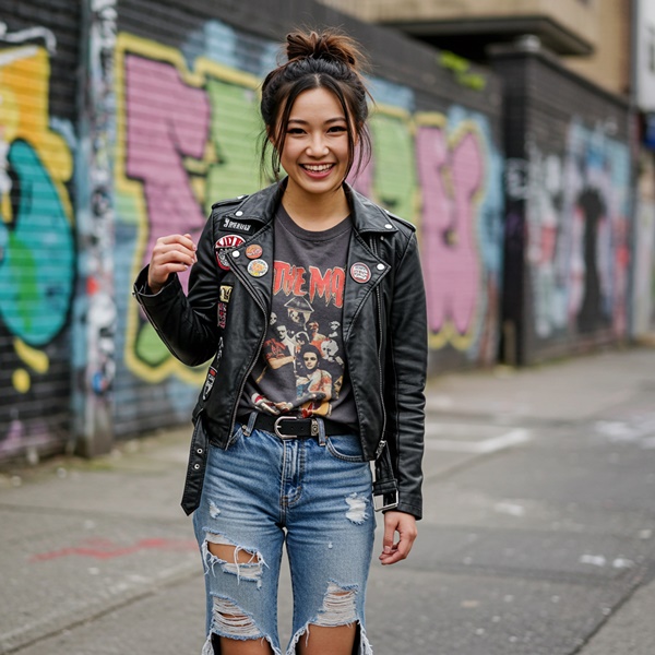 Look estilo grunge con camiseta de banda y jeans rotos inspirado en los 90