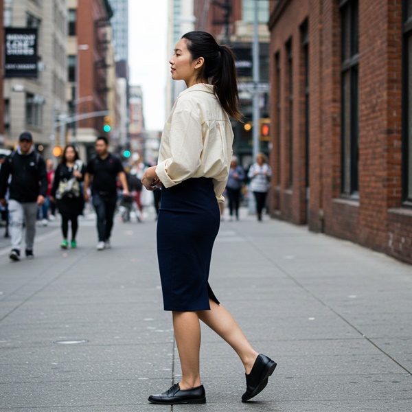 Outfit con parte superior oversized y parte inferior ajustada.