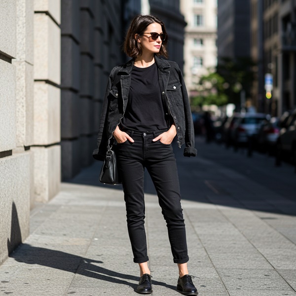 Mujer con look total black casual usando jeans y chaqueta de cuero