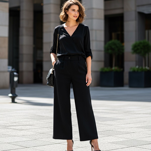 Outfit profesional total black con pantalón y blusa negra