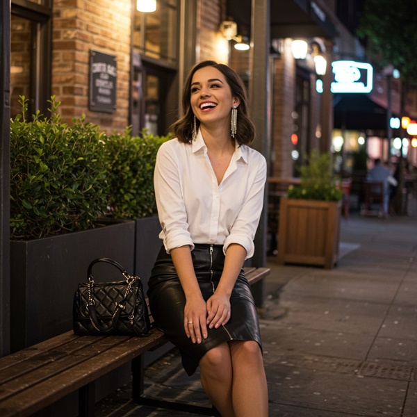 Outfit con camisa blanca y falda de cuero para una salida nocturna