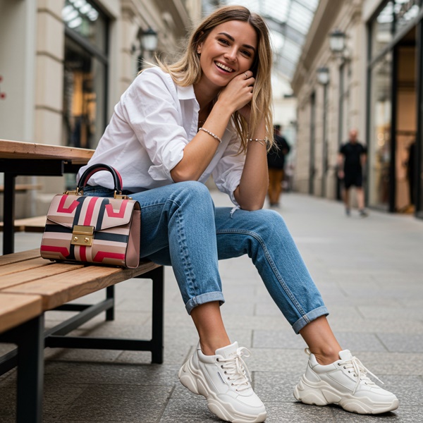 mujer sonriendo con un look casual con camisa blanca
