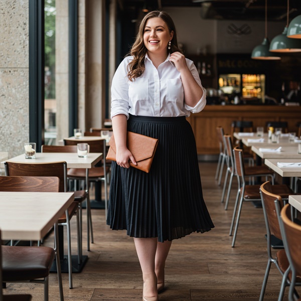 Camisa blanca para un look formal combinada con falda plisada negra