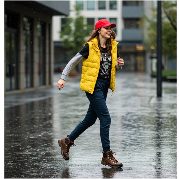 Chaleco puffer negro con joggers grises y botas impermeables