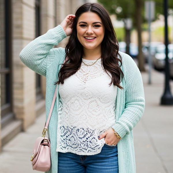 outfit con top de encaje y suéter de punto