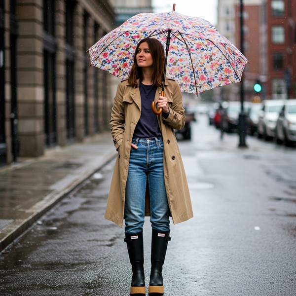 Look urbano con trench beige, jeans y botas de lluvia