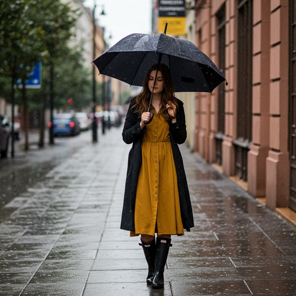 Vestido midi floral con trench y botas altas impermeables