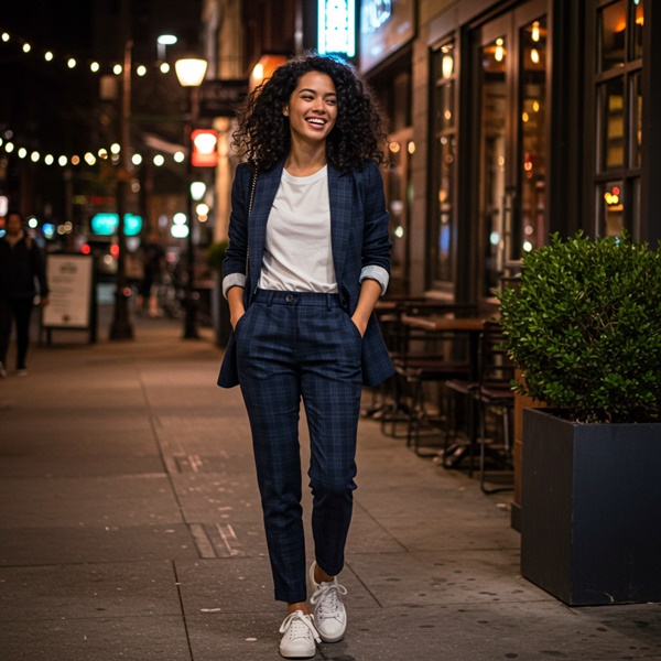 Look nocturno con traje de tartán, camiseta blanca y tenis