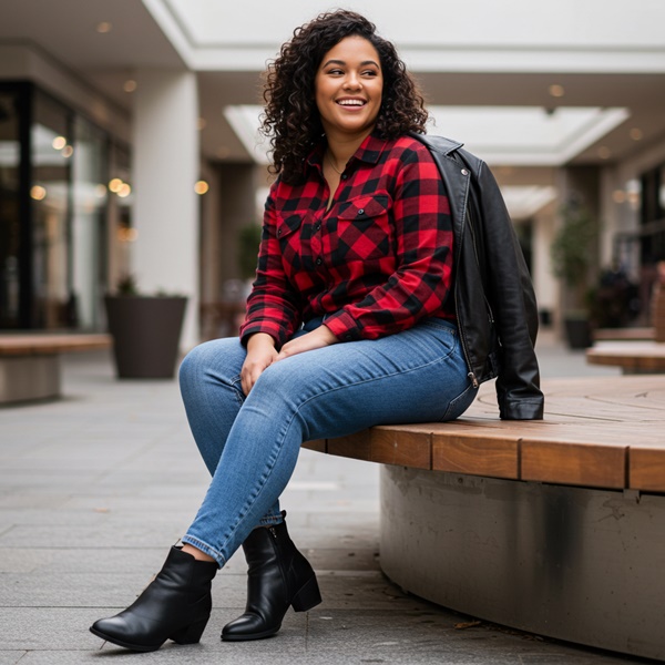 look con camisa de tartán y jeans