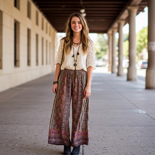 Look bohemio con pantalones wide leg de estampado étnico