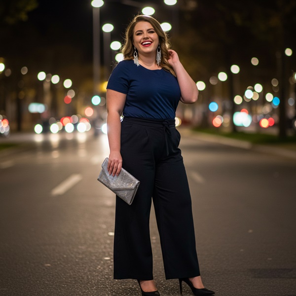 Logra un look de noche genial con pantalón wide leg, top elegante y tacones