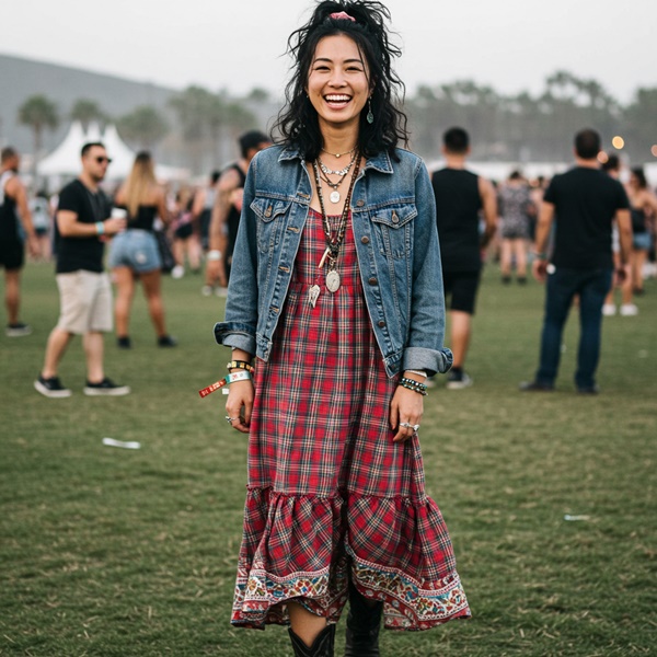 Outfit bohemio con maxi vestido con estampado de tartan