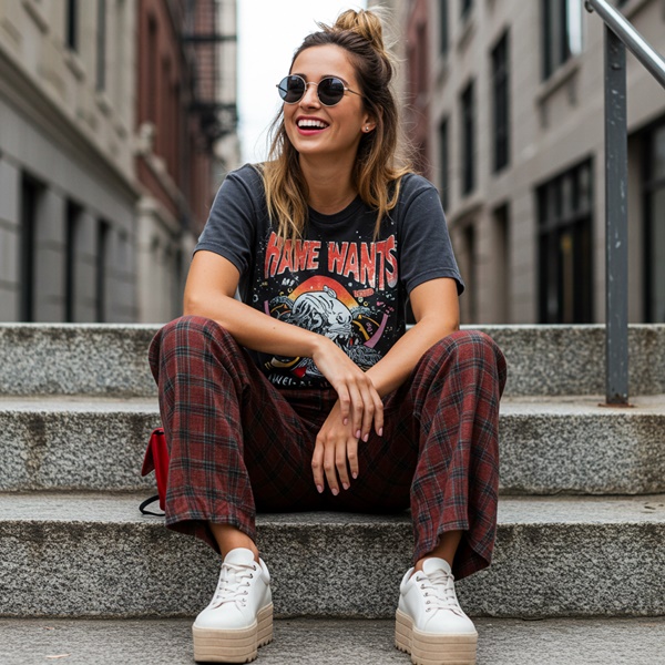 Look urbano con pantalones de tartán y camiseta