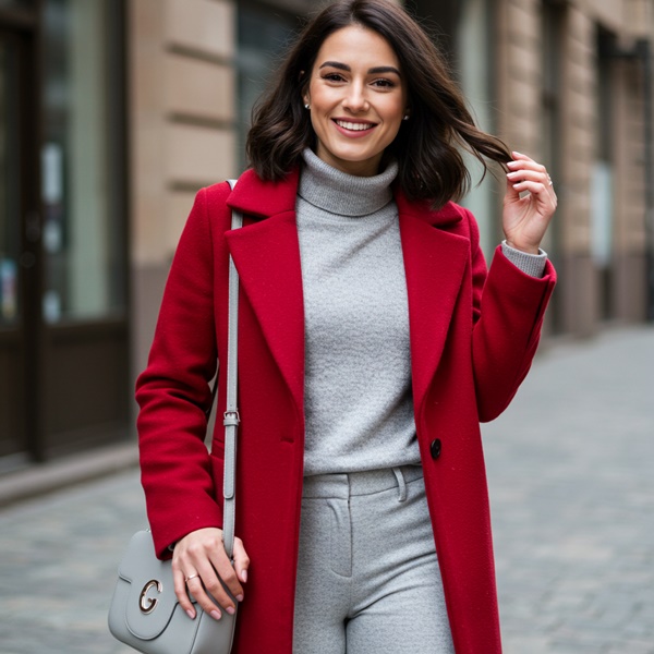 Abrigo rojo sobre outfit monocromático en día frío