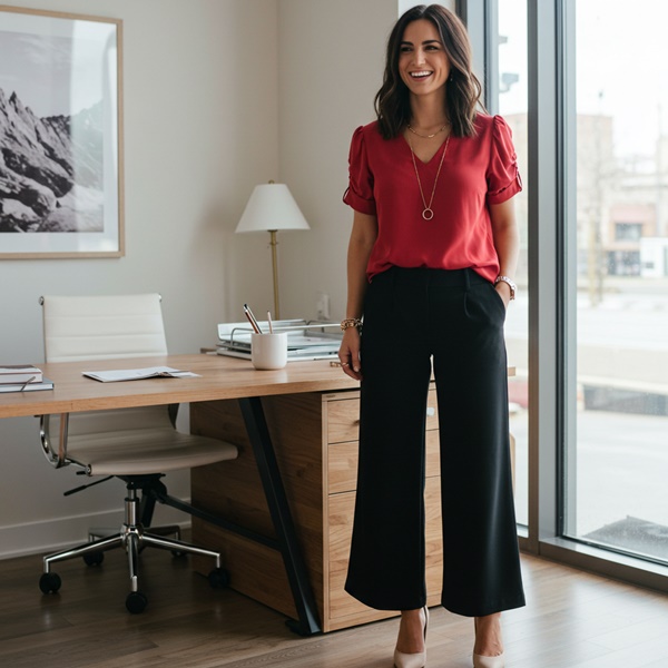 Look de oficina con blusa roja y pantalón negro