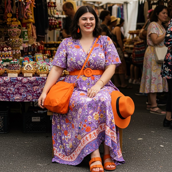 Look bohemio con vestido morado y accesorios naranja