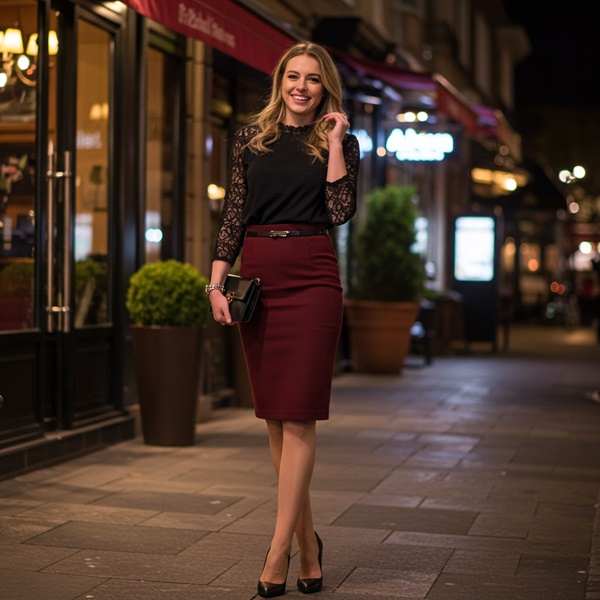 outfit con falda lápiz burdeos y blusa de encaje para cena formal