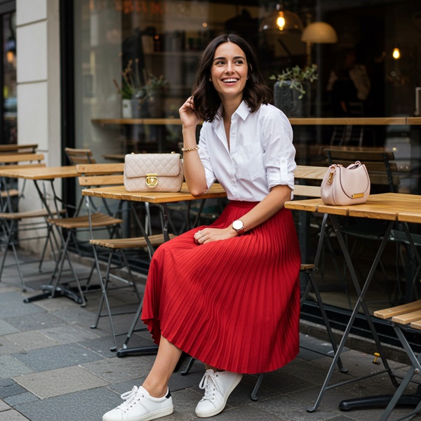 Look casual con falda midi roja y camisa blanca