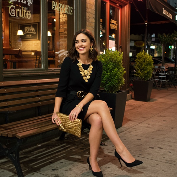 Look de noche con vestido negro y accesorios dorados