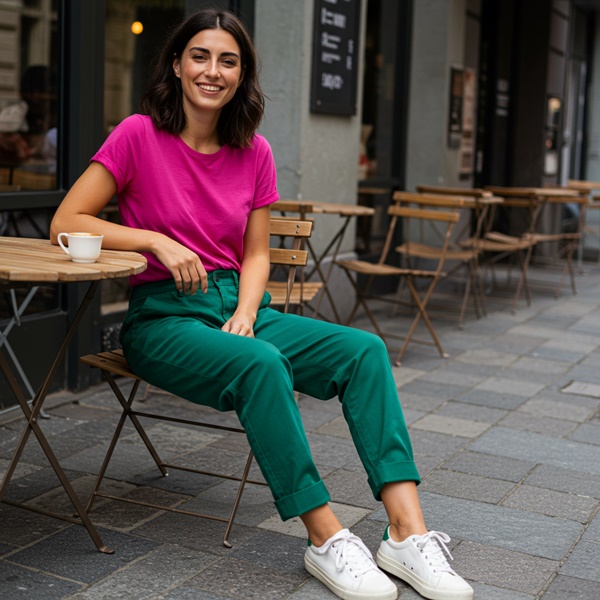 Outfit con camiseta fucsia y pantalón verde esmeralda