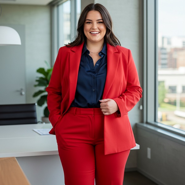 Mujer usando traje rojo moderno en reunión de negocios