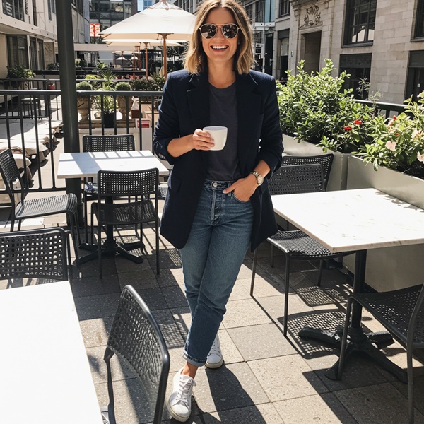 Look casual chic con blazer azul marino, jeans y camiseta
