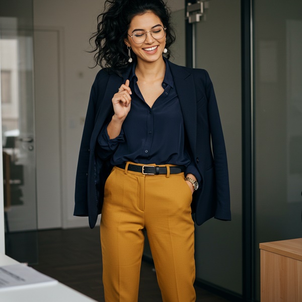 Blazer azul marino en look de oficina con pantalones mostaza y blusa de seda