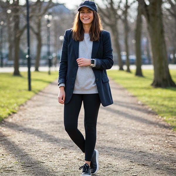 Blazer azul marino con leggings y sudadera en look deportivo chic