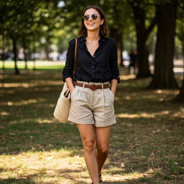 Mujer con camisa negra, shorts y sandalias en un look casual para el verano