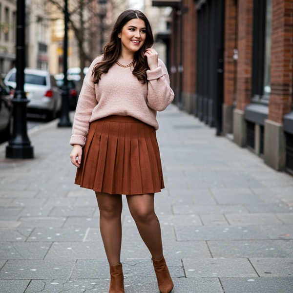 Outfit romántico con falda plisada color terracota y suéter rosa