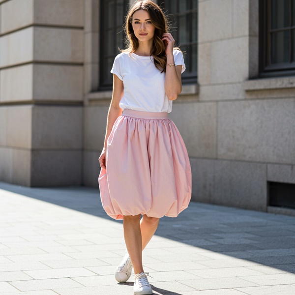 Look casual con falda globo en tono pastel y camiseta basica