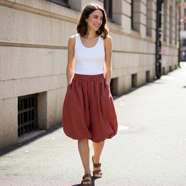 Mujer joven look fresco con falda globo de lino y camiseta