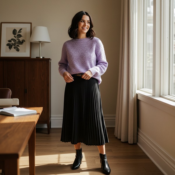 look de viernes con falda plisada y suéter