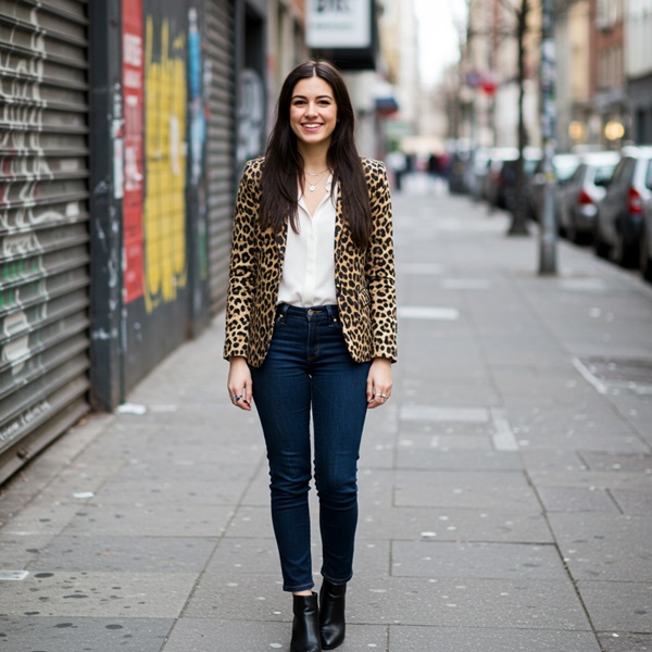 Outfit casual con blazer de animal print y blusa blanca