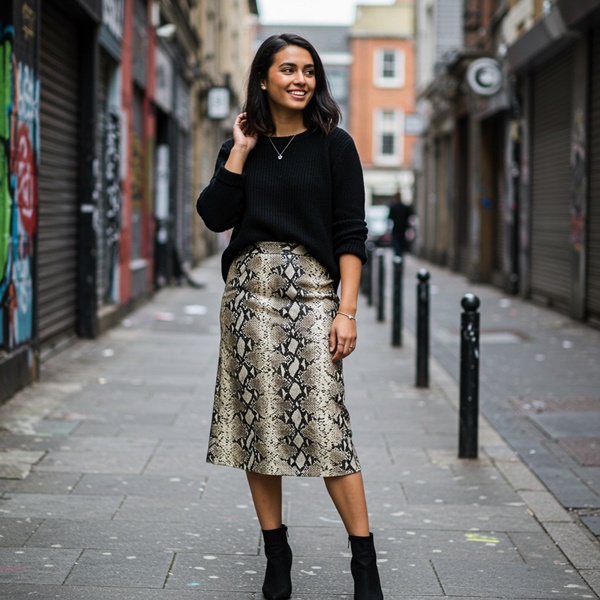 Look con falda de animal print y suéter negro