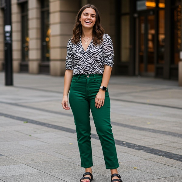 Mujer joven con outfit casual con blusa de animal print t pantalón verde