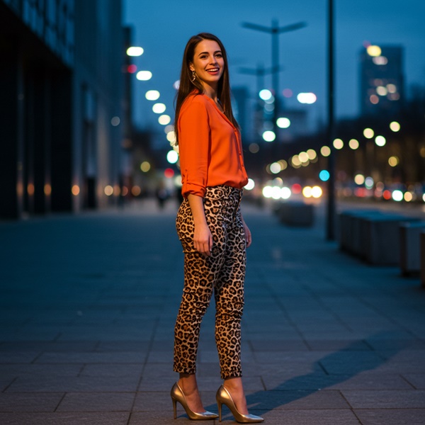 Look de noche con pantalón de animal print y blusa color naranja