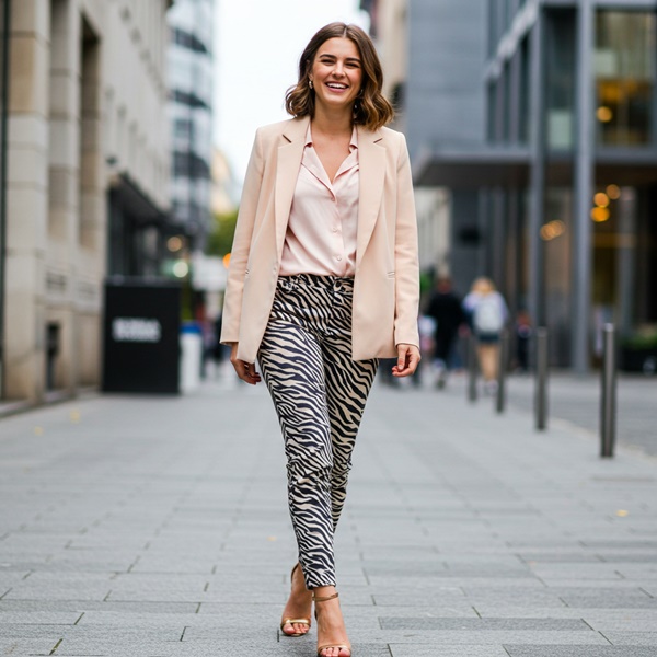 Outfit sofisticado con pantalón de cebra y blusa de seda