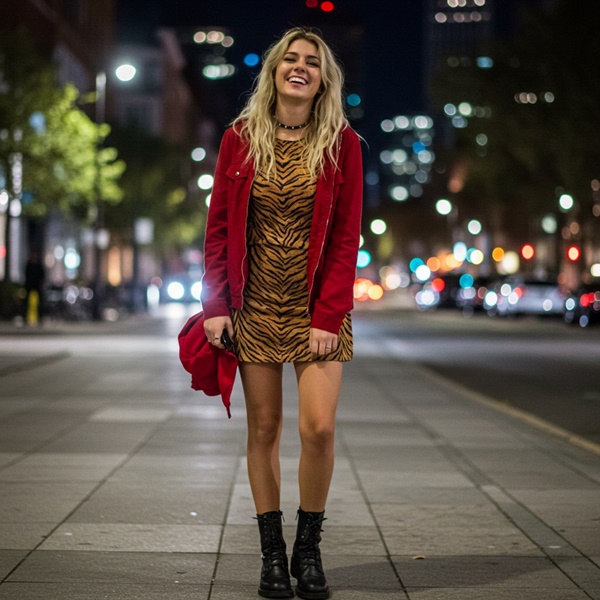 Outfit de noche con vestido corto de animal print combinada con chamarra roja