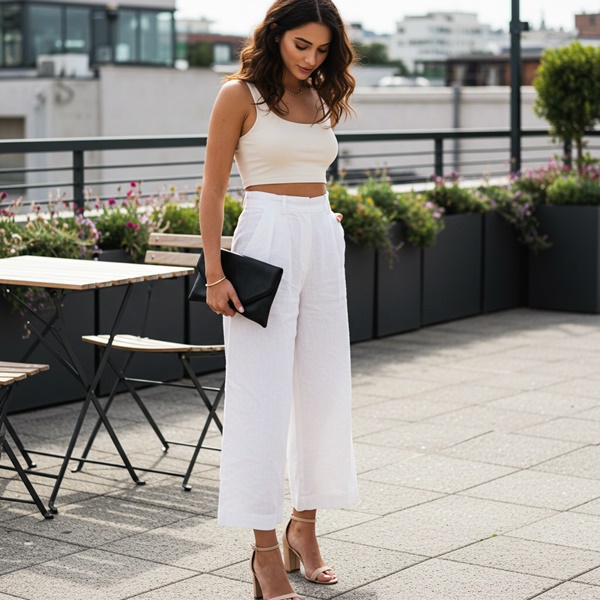 Pantalón palazzo de lino con crop top blanco